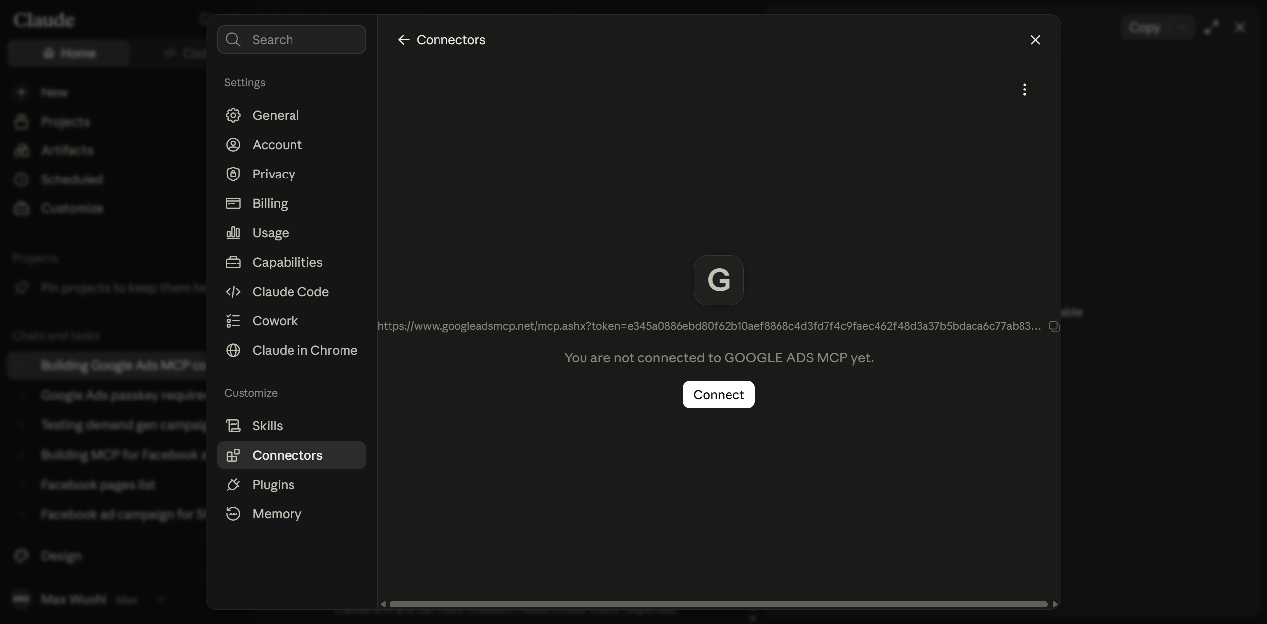 Claude connector screen showing Connect button