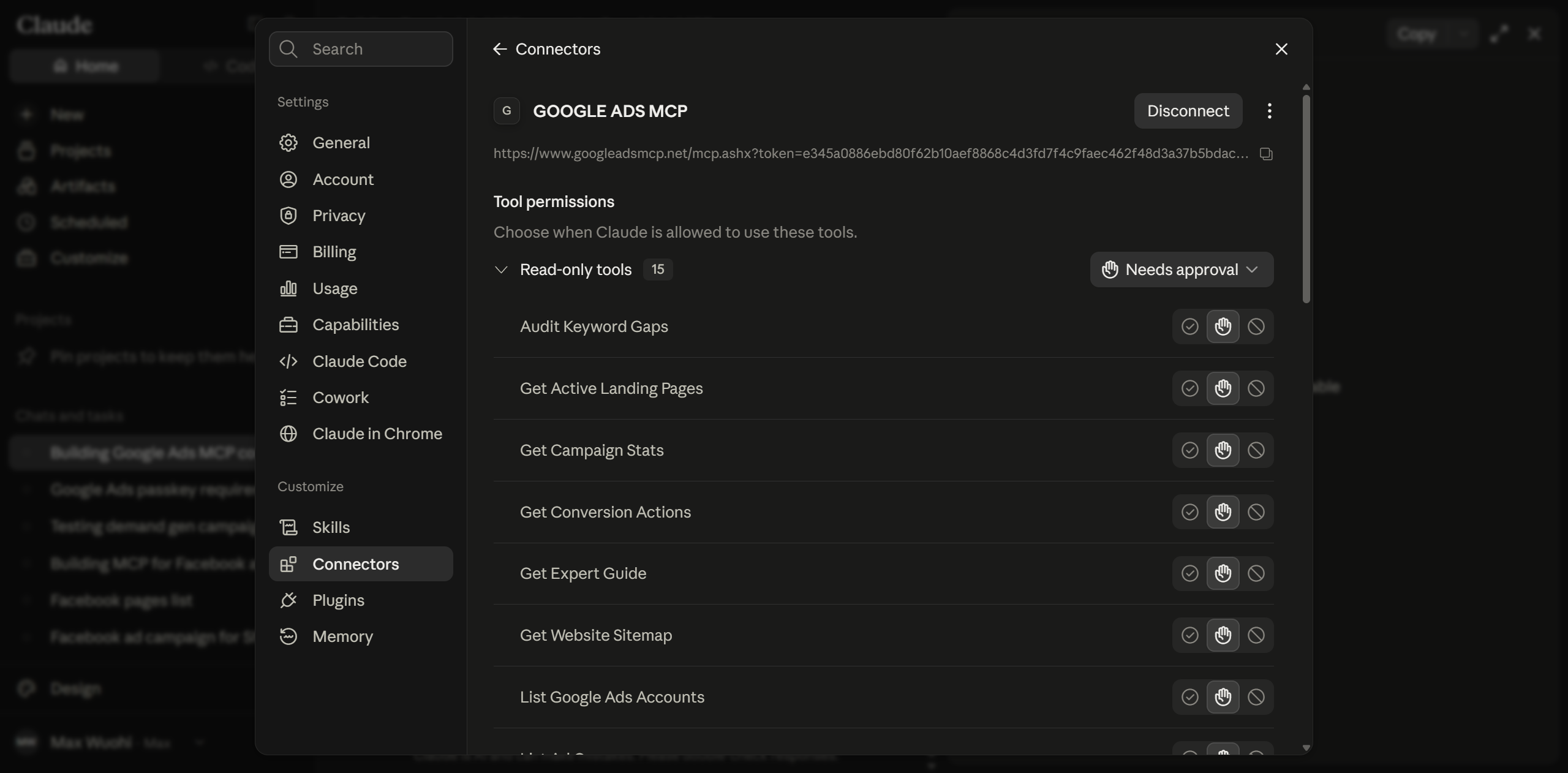 Claude tool permissions showing Needs approval — change to Always approve